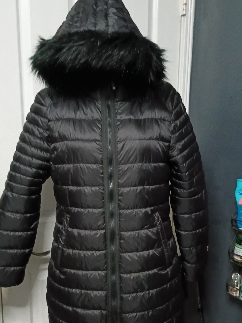 Champion Black Quilted Hooded Puffer Coat with Faux Fur Trim